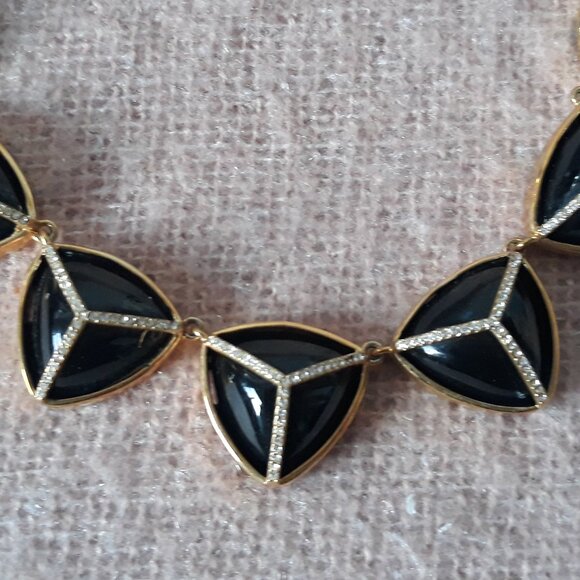 Fossil Statement Necklace, Black & Cream Triangular Stones, Gold Chain - Picture 2 of 7